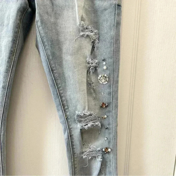 Brave Soul Skinny Jeans Beaded Distressed Denim Stretch Light Blue Size 27 4 NWT - Picture 8 of 16